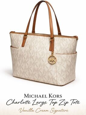 Michael Kors Charlotte Large Top Zip Tote Vanilla Cream Signature Bag